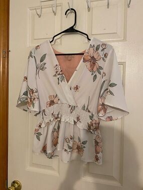 Smocked Waist Floral Wrap Blouse — White with Blush Floral